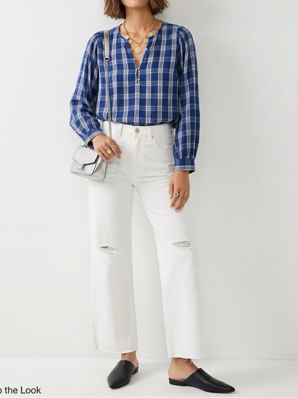 ✨ OLD NAVY Blue White Plaid Henley Blouse Long Sleeve Top Sz M $10 💙